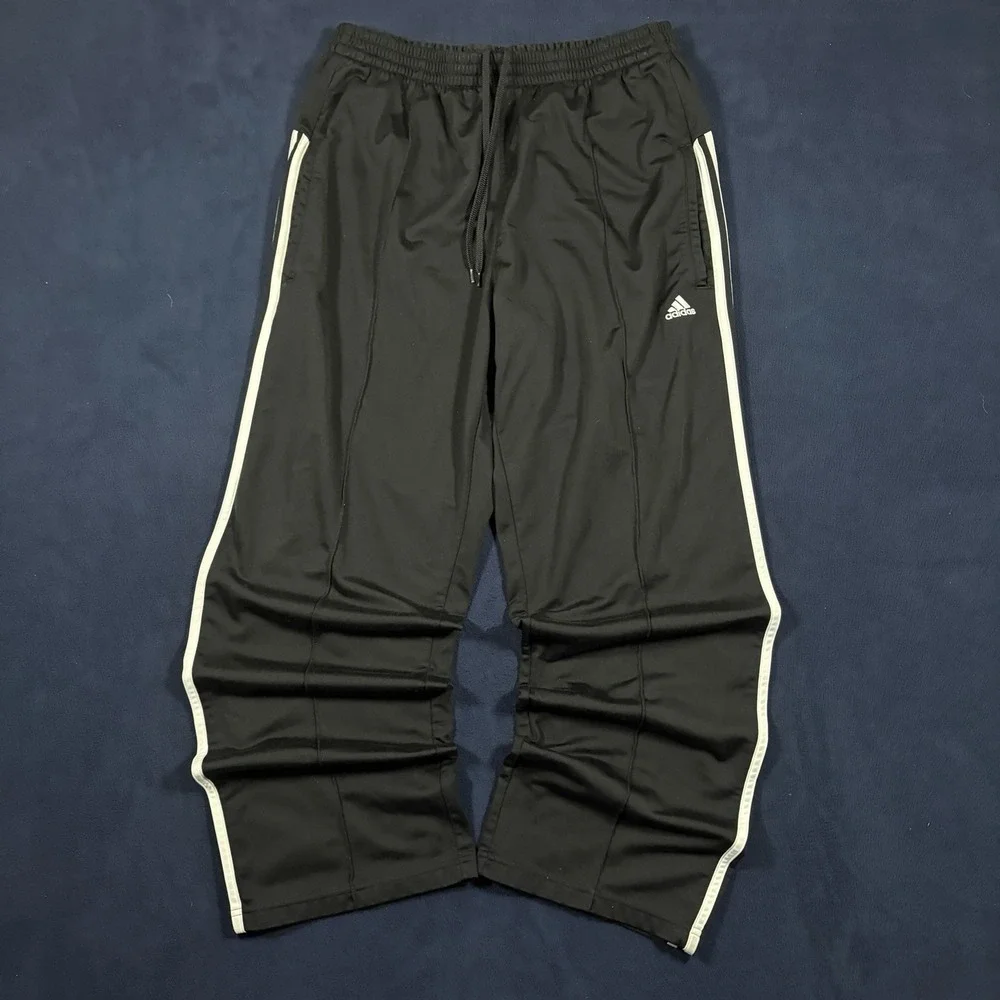 VTG Y2K Adidas Baggy Track Pants Men L Black Loose Relaxed Pintuck Sweatpants